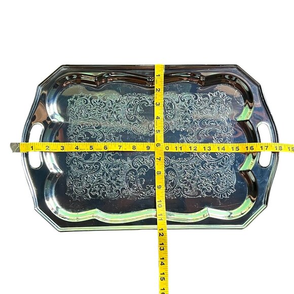 Vintage Silver Plated Etched Serving Tray with Handles, 18" x 12" - Picture 2 of 6